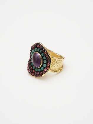 Handmade Design Silver Ring with Amethyst and Tourmaline Stones