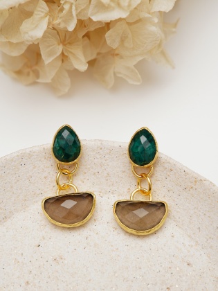 Handmade Design Brass Earrings Emerald and Smoky Quartz