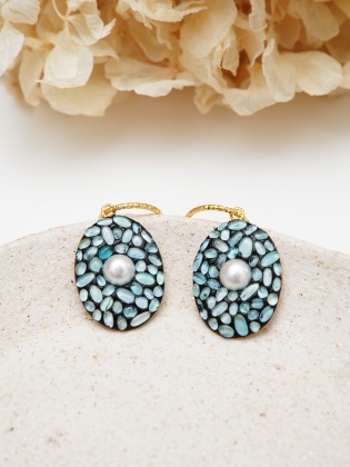 Handmade Design Silver Earrings with Aqua Marine and Pearl Stones