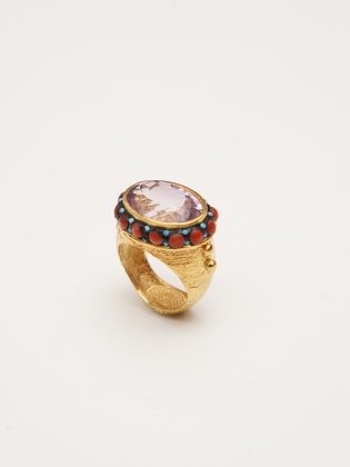 Handmade Design Silver Ring With Amethyst and Coral Stone