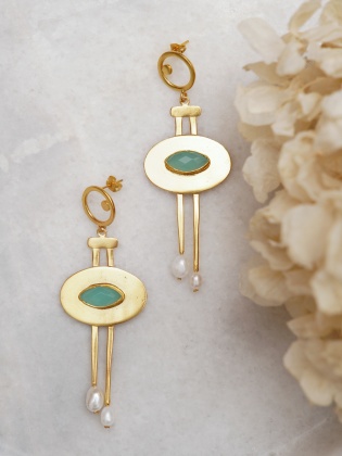 Handmade Design Brass Earrings Akua Chalcedony and Pearl Stone