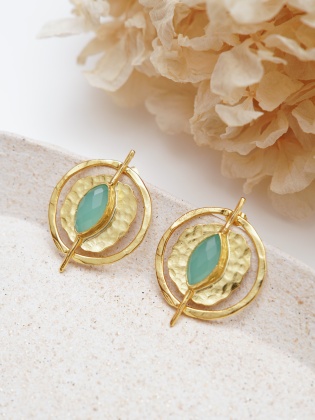 Handmade Design Brass Earrings Aqua Chalcedony Stone