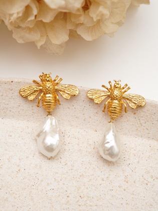 Handmade Bee Desing Brass Earrings Baroque Pearl