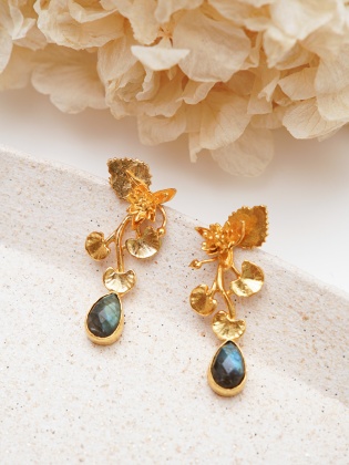 Handmade Floral Design Labradorite Stone Brass Earrings