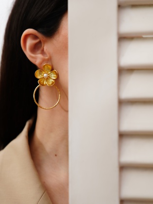 Handmade Flower Design Brass Earrings With Pearls