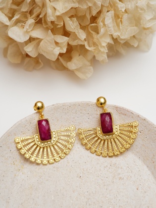 Handmade Flower Design Ruby Stone Brass Earrings