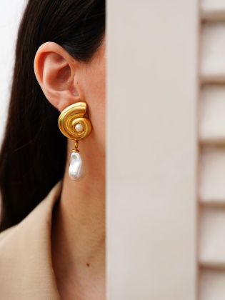 Handmade Flower Design Brass Earrings with Pearl