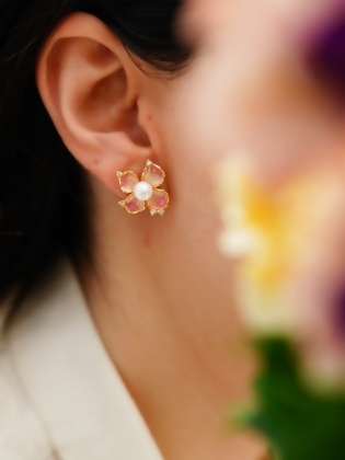 Handmade Design Pearl Enamel Embroidered Silver Earrings