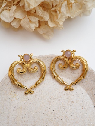 Brass Earrings with Rose Quartz Stone Heart Design