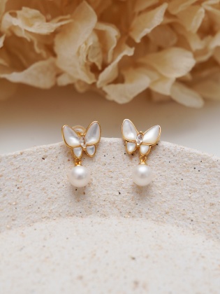 Silver Earrings with Mother of Pearl and Pearl Butterfly Design